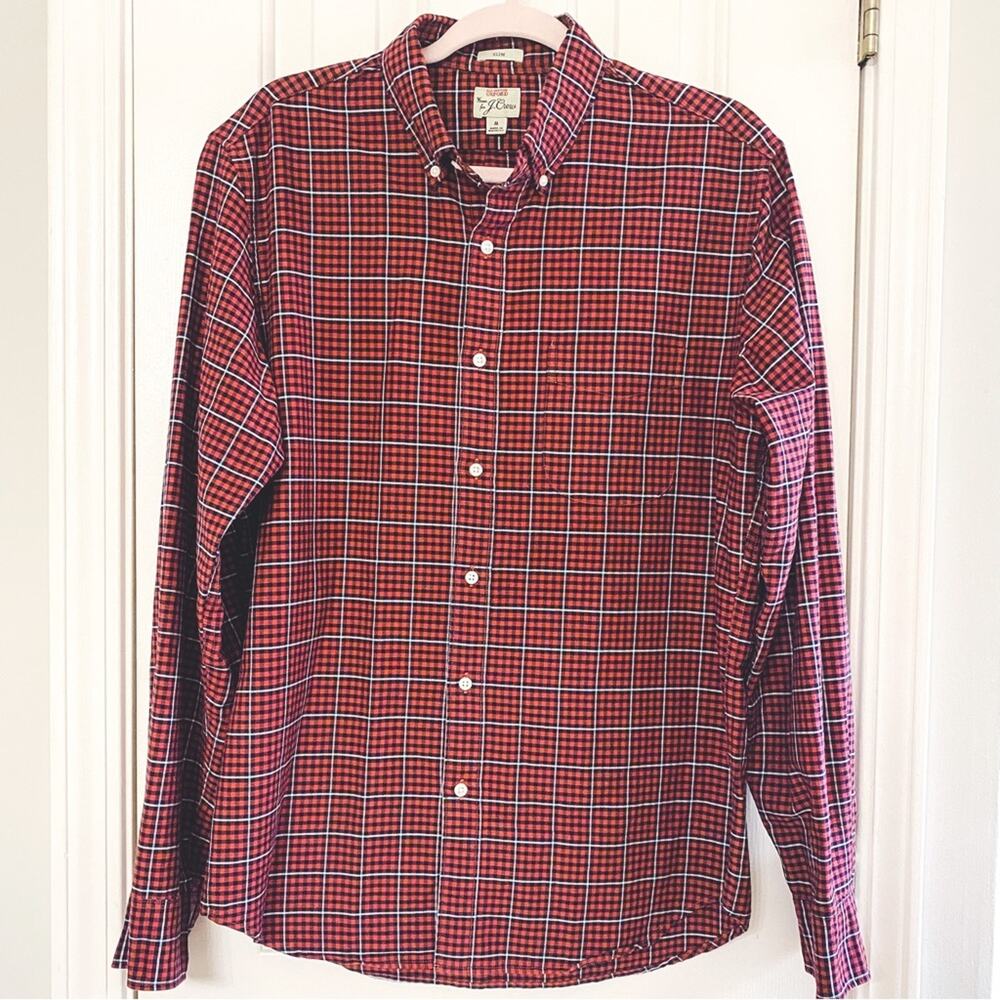 J. CREW • Orange + Navy Gingham Slim All Cotton Oxford Button Down Shirt